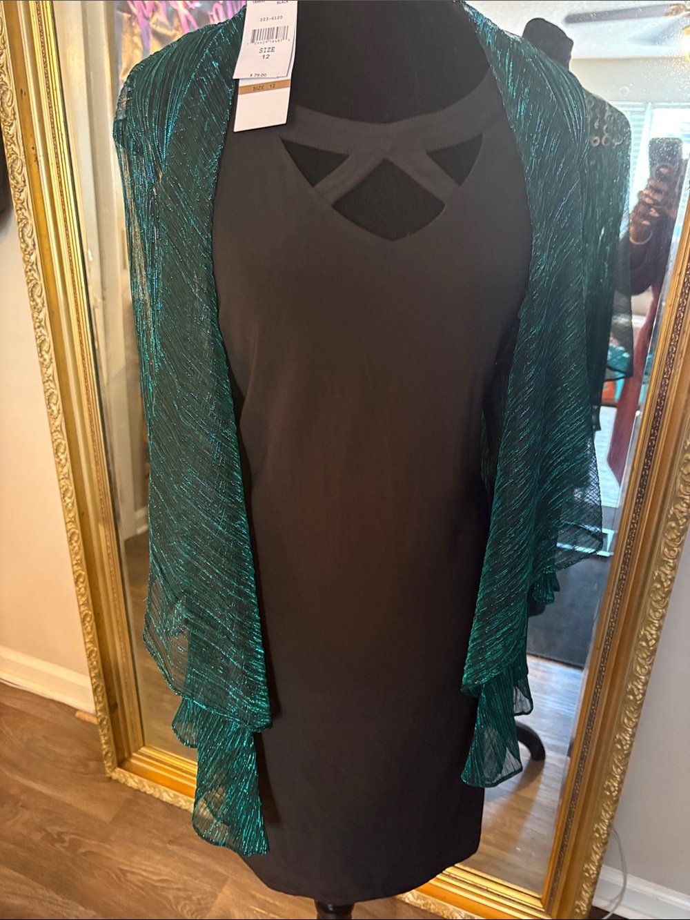Black Midi Dress with Emerald Green Metallic Shawl - Women's Elegant Midi